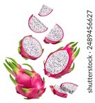 Pitaya isolated set. Collection of ripe dragon fruit or pitahaya, half and slice of the fruit on a white background.