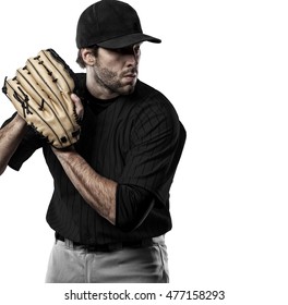 Pitcher Baseball Player With A Black Uniform On A White Background.