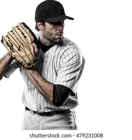 Pitcher Baseball Player with a white uniform on a white background.