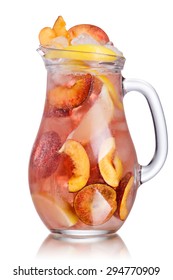 Pitcher Of Carbonated Peach Lemonade Garnished With Peach Wheel And Lemon Slice. Jug Full Of Cold Peach Spritzer With Peach And Lemon Slices.