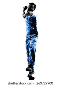 Pitcher Cricket Player In Silhouette Shadow On White Background