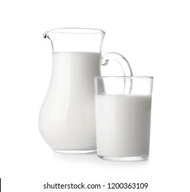 Pitcher And Glass Of Milk On White Background