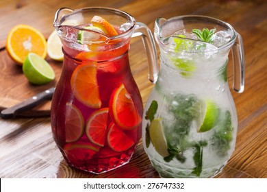 Pitcher Refreshing Refreshing Drink. A Large Portion Of Mojito And Sangria