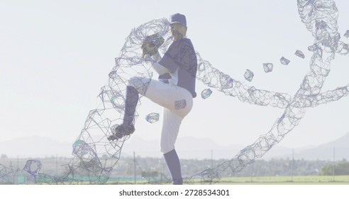 Pitching baseball pitcher in navy cap on grass field, holding glove and baseball with wireframe. Athlete, windup, jersey, ball, polyhedral, lattice, overlay