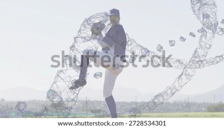 Pitching baseball pitcher in navy cap on grass field, holding glove and baseball with wireframe. Athlete, windup, jersey, ball, polyhedral, lattice, overlay