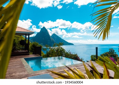 The Pitons In St Lucia Seen From A Tropical Villa, Swimming Pool