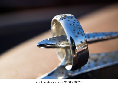 Pitted Chrome Hood Ornament In The Sunshine