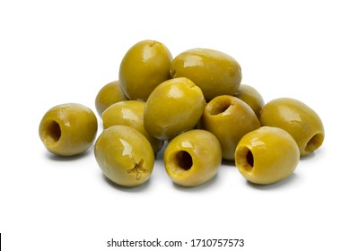Pitted green olives as an ingredient for cooking isolated on white background 