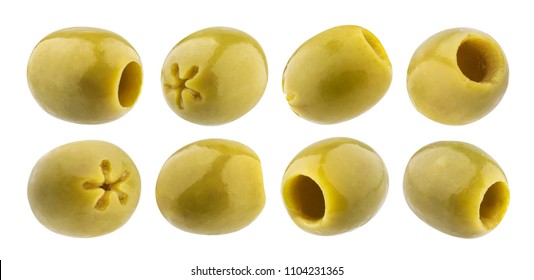 Pitted olives collection. Green olive isolated on white background with clipping path - Powered by Shutterstock