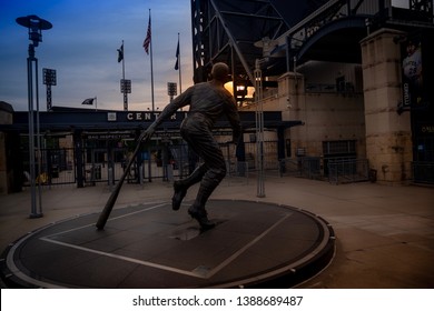 Pittsburgh, PA—May 2, 2019; Statue Of Roberto Clemente Stands Outside The Center Field Gates At PNC Park, Home Of Major League Baseball’s Pirates, At Sunset