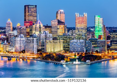 Pittsburgh downtown skyline at dusk. Located at the confluence of the Allegheny, Monongahela and Ohio rivers, Pittsburgh is also known as 