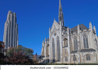 PITTSBURGH - NOVEMBER 2019:  University of Pittsburgh campus with Cathedral of Learning and Heinz Memorial Chapel