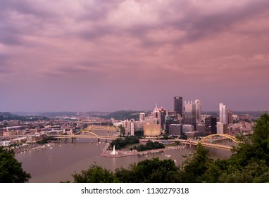 PITTSBURGH, PA - 4 JULY 2018: Sunset Over The City Of Pittsburgh From Mount Washington