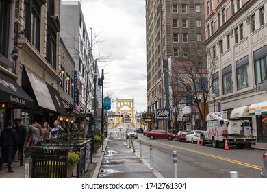 Pittsburgh, PA, USA, 2020-01-11: Downtown Looking Towards Roberto Clemente Bridge