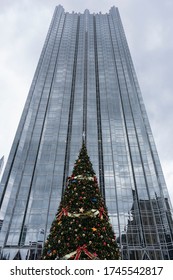 Pittsburgh, PA, USA, 2020-01-11: PPG Place Tower With Christmas Tree In Front