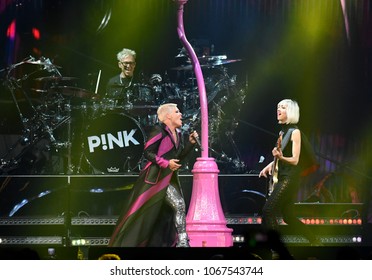 PITTSBURGH, PA / USA - April 7, 2018: Pink Performs During The Beautiful Trauma Tour In Pittsburgh, Saturday, April 7, 2018 At PPG Paints Arena