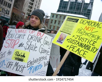 Pittsburgh, PA USA. January 20, 2012. Protesters Against Fracking In Downtown Pittsburgh Pennsylvania.