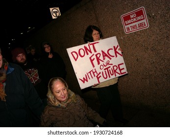 Pittsburgh, PA USA. November 15, 2011. Protesters Marching In The Evening Against Fracking In Downtown Pittsburgh Pennsylvania.