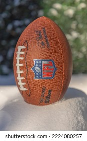 Pittsburgh, Pennsylvania, United States. Nov 8, 2022. An American Football Ball With The National Football League (NFL) Logo On Snow During Winter.