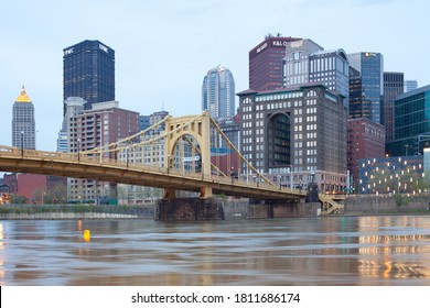 Pittsburgh, Pennsylvania, United States. - Roberto Clemente Bridge Over Allegheny River At Dusk.