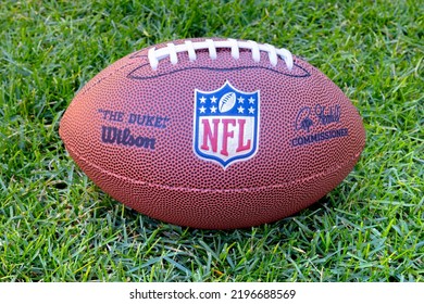 Pittsburgh, Pennsylvania, United States. Sep 1, 2022. An American Football Ball With The National Football League (NFL) Logo On Green Grass Field.