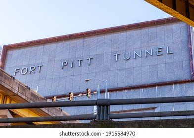 Pittsburgh, Pennsylvania, USA 2-6-21 The sign above the Fort Pitt Tunnel on a sunny winter day