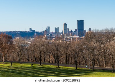 Pittsburgh, Pennsylvania, USA December 12, 2021 Downtown Pittsburgh as seen from Schenley Park on a sunny winter day