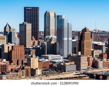 Pittsburgh, Pennsylvania, USA February 20, 2022 Part Of Downtown Pittsburgh As Seen From Mt Washington On A Sunny Winter Day