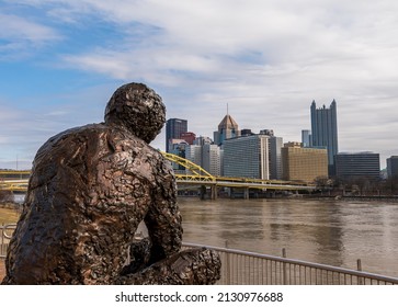Pittsburgh, Pennsylvania, USA February 24, 2022 The Mr. Rogers Memorial on the Allegheny River overlooking downtown on a sunny winter day