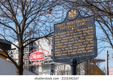 Pittsburgh, Pennsylvania, USA February 24, 2022 A historic sign, located in front Heinz Feild for the first professional football game ever played in 1892 on the north side of the city