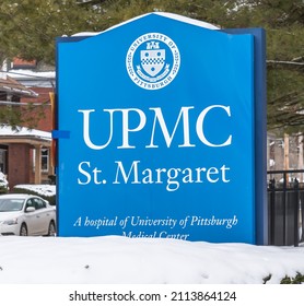 Pittsburgh, Pennsylvania, USA January 25, 2022 The UPMC St Margaret Hospital sign, a hospital of the University of Pittsburgh Medical Center on a winter day