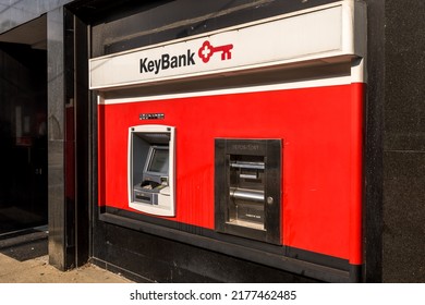 Pittsburgh, Pennsylvania, USA July 1, 2022 The ATM machine and depository box at the Key Bank on Murray Avenue in the Squirrel Hill neighborhood on a sunny summer day