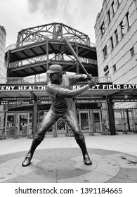 Pittsburgh, Pennsylvania / USA - July 20, 2018: The Statue Of Willie Stargell Outside PNC Park Stadium In Black And White