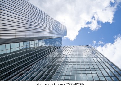 Pittsburgh, Pennsylvania, USA- May 12, 2021: Looking Up At Tall Office Buildings With Blue Sky And Clouds In Center City Pittsburgh