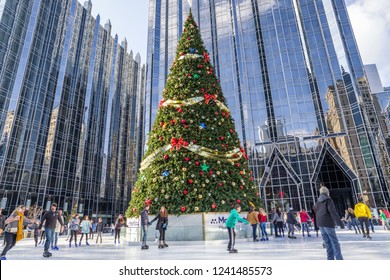 Pittsburgh, Pennsylvania, USA - November 25, 2018: Outdoor Ice Skating Rink in downtown Pittsburgh.