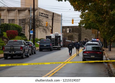 Pittsburgh, Pennsylvania / USA – Oct 27 2018: Police And FBI Gather Outside Of Tree Of Life Synagogue In Pittsburgh, The Scene Of Saturday Morning's Mass Shooting.