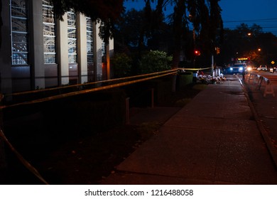 Pittsburgh, Pennsylvania / USA – Oct 30 2018: Daybreak Outside Of The Tree Of Life Synagogue In Pittsburgh, The Scene Of Saturdays Mass Shooting.