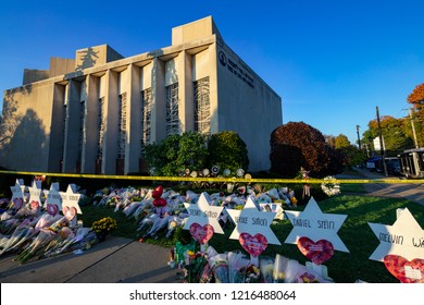 Pittsburgh, Pennsylvania / USA – Oct 30 2018: A makeshift shrine to the victims of Saturday's deadly shooting outside of Tree of Life synagogue in Pittsburgh.