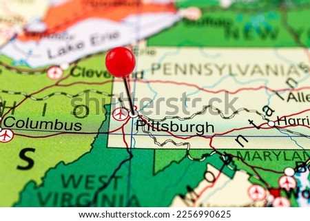 Pittsburgh pin map. Close up of Pittsburgh map with red pin. Map with red pin point of Pittsburgh in USA, Pennsylvania.