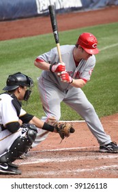 PITTSBURGH - SEPTEMBER 24 : Ryan Hanigan Of Cincinnati Reds Looks At A Pitch Against Pittsburgh Pirate On September 24, 2009 In Pittsburgh, PA.