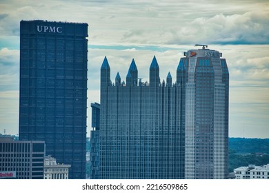 PITTSBURGH, UNITED STATES - Aug 06, 2022: A Drone Shot Of The Downtown Skyline With Corporate Buildings And Business Architecture