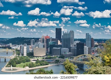 PITTSBURGH, UNITED STATES - Aug 06, 2022: A Drone Shot Of The Downtown Skyline With Corporate Architecture