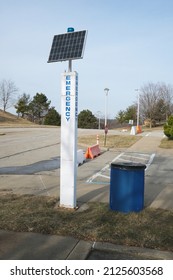 Pittsburgh,PA USA. February 16, 2022. Emergency Solar Station Sign Located On A Roadway Next To A Blue Trash Bin In The West Mifflin Neighborhood Of Pittsburgh.