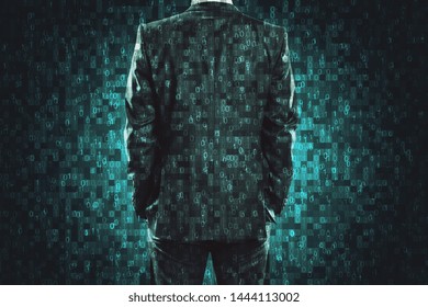 Pixel businessman background. Programming and robotics concept. Double exposure 