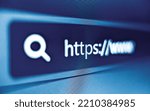 Pixelated closeup view of an internet browser address bar with https and search icon in blue