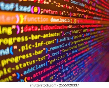 Pixelated data stream on digital interface with binary code, encryption concept, and glowing dots. Digital technology industry concept development of programming and coding technologies.