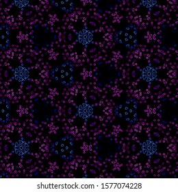 Pixels dark abstract geometric pattern in blue and purple on black background. Chess pattern and squares.