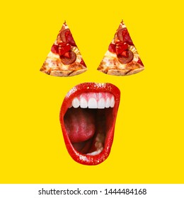 Pizza Art Collage. Concept Of Pizza Mouth With Red Lips. A Collage Of Paintings Of Modern Art. The Mad Mouth Shouts To The Pizza Lover. Fashionable Yellow Color.