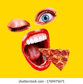 Pizza Art Collage. Eyes mouth pizza closeup. Collage of modern art paintings. Crazy mouth screaming for a pizza lover. Fashionable yellow color.