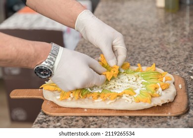 Pizza Art. The Process Of Making Pizza. Hands Of Chef With White Gloves Making Pizza.
